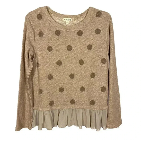 Madison Jules Beaded Tiered Contrast Mix Media Polka Dot Chiffon Ruffled Sweater - Picture 1 of 7